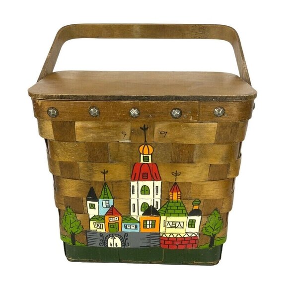 Gary Gail Dallas Vintage 1970s Woven Wood Basket Purse Hand-Painted Cityscape - Picture 1 of 9